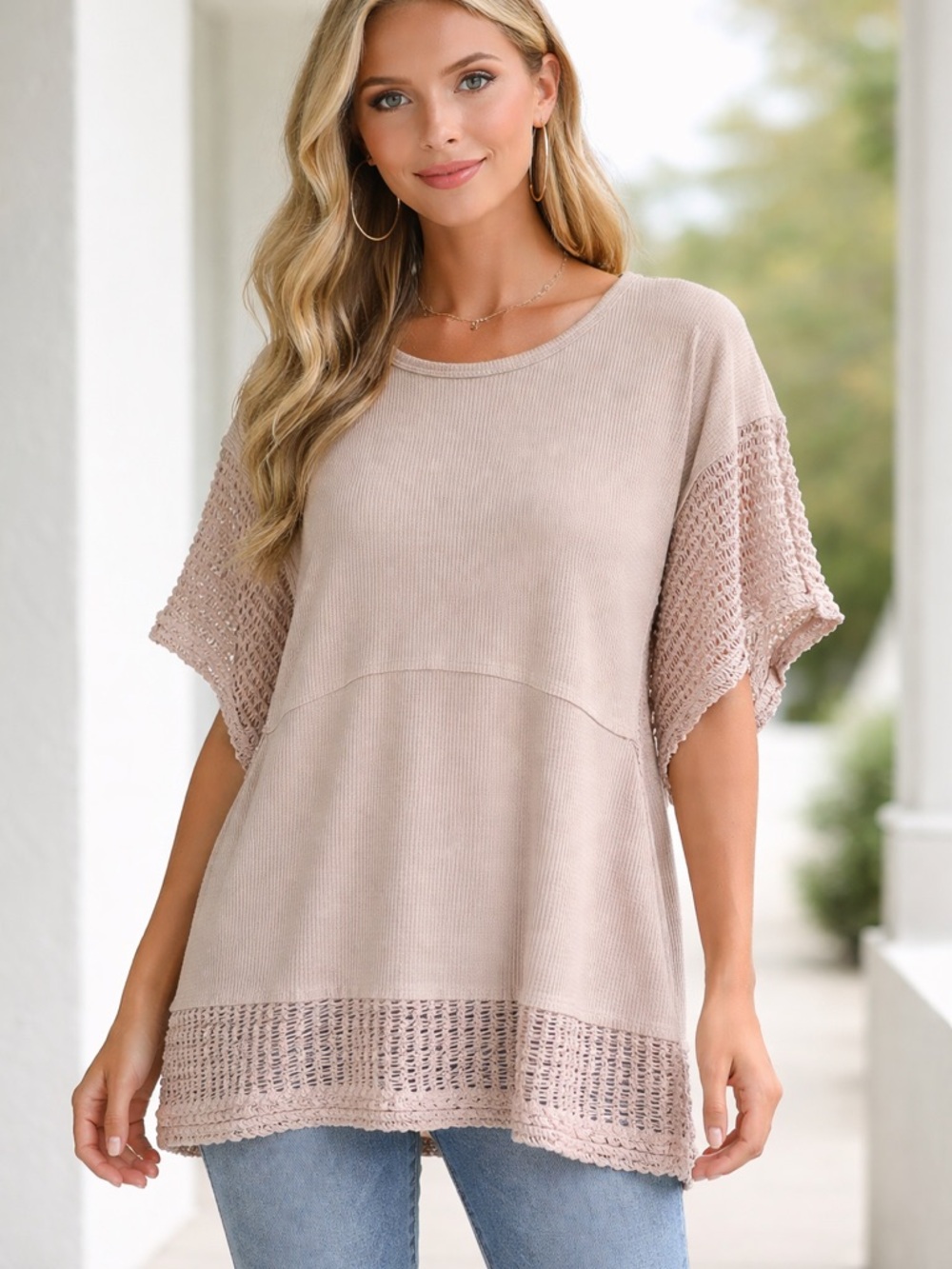 ANDREE BY UNIT Crochet-Sleeve Knit Tunic in Blush Taupe